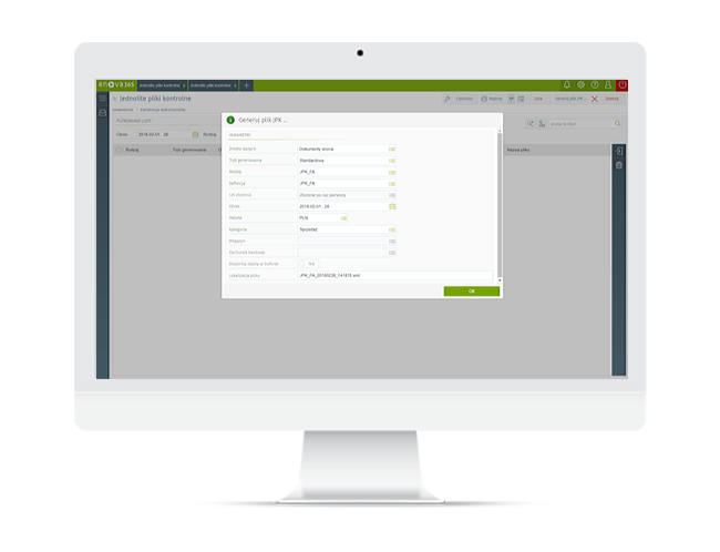 screen z systemu ERP enova365 - wysyłanie pliku JPK