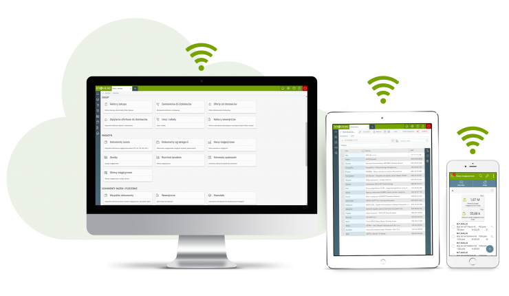 system ERP w chmurze - urządzenia ze screenami z systemu enova365