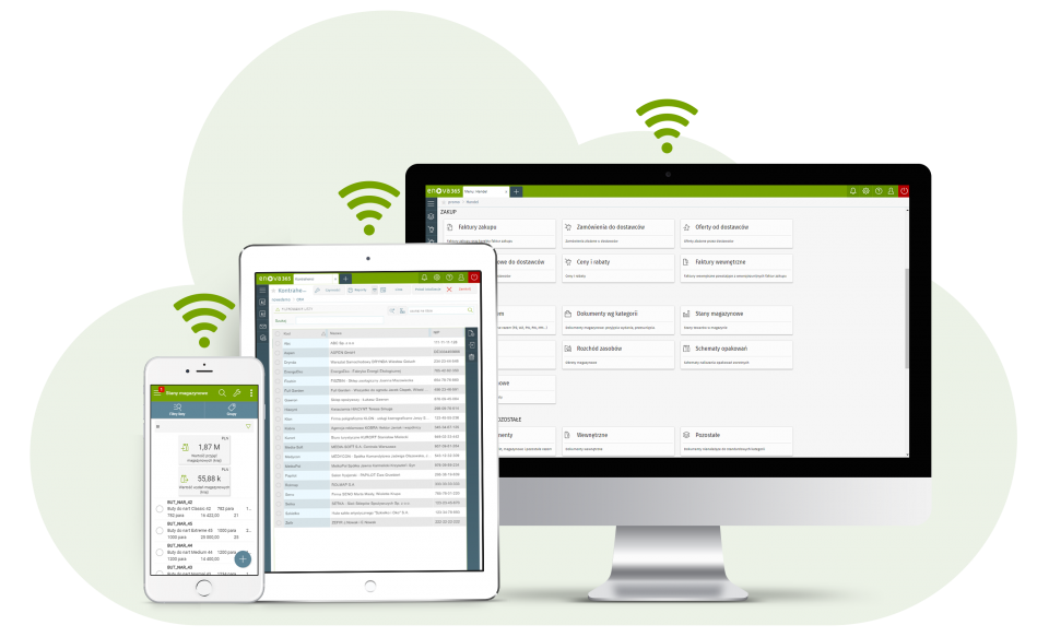 Urządzenia tablet smartphone i ekran komputera z systemem ERP enova365 pracującem w chmurze