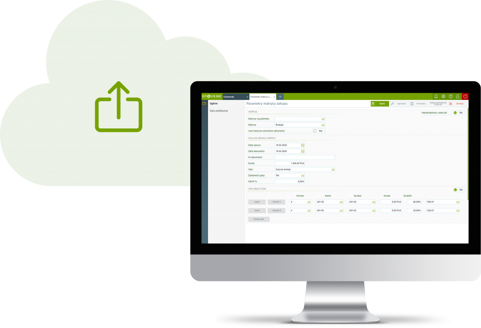 Presyłanie kopii zapasowych baz danych firmy do chmury - ekran z systemem erp enova365 i symbol uploadu do chmury