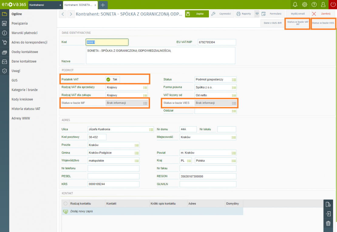 status podatnika vat w enova