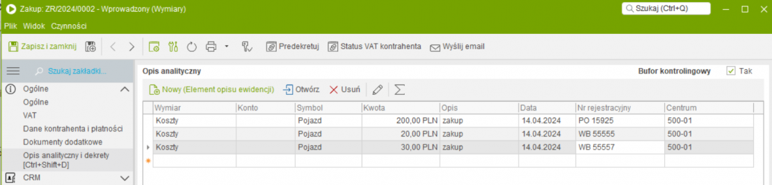 Przykładowy opis analityczny na dokumencie ewidencji