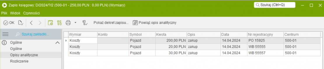 Zakładka Opisy analityczne na zapisie księgowym
