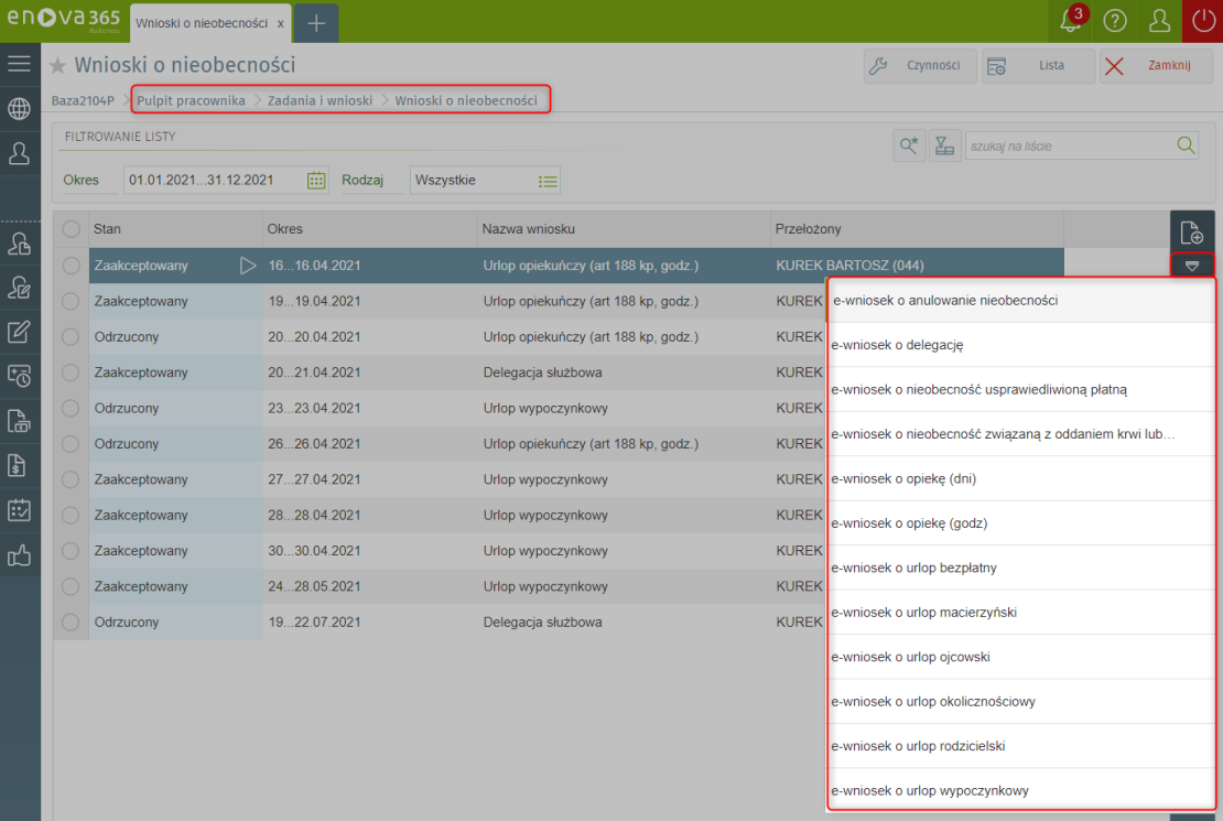 Wnioski urlopowe i inne wnioski pracownicze w Pulpicie pracownika enova365